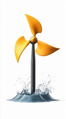 A vibrant yellow turbine spinning over water, symbolizing renewable energy and innovation in sustainable technology.