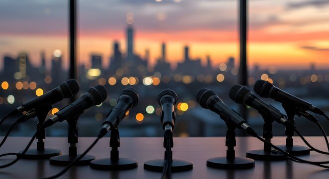 Microphones set up on a table with a cityscape background, ready for a press conference or media event. and public speaking. journalism, conveying themes of communication, speaking, Generated Ai