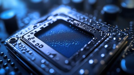 Close-Up of a Microchip Surface with Water Drops in a High-Tech, Blue-Hued Background Featuring Digital Patterns and Circuitry Details