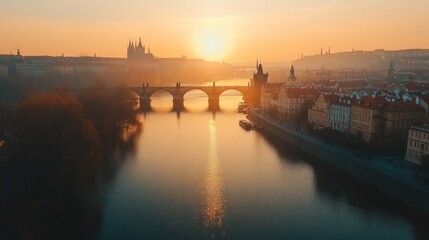 Prague sunrise, Charles Bridge, cityscape, misty river