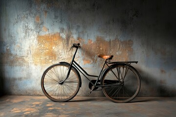 Obraz premium A vintage bicycle stands against a textured, rustic wall, showcasing its classic design and timeless appeal in warm lighting.