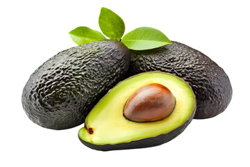 Arrangement of Whole and Halved Avocado Fruits with Leaves on Transparent Background Delicious and Nutrient Rich Ingredient