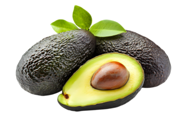 Arrangement of Whole and Halved Avocado Fruits with Leaves on Transparent Background Delicious and Nutrient Rich Ingredient