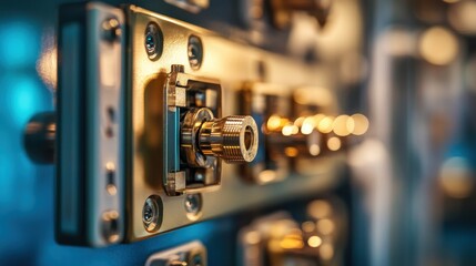 Fototapeta premium Close-Up of a Luxurious, Detailed Gold Locker Lock Against a Blurred Background, Highlighting Craftsmanship and Security Features in Modern Design