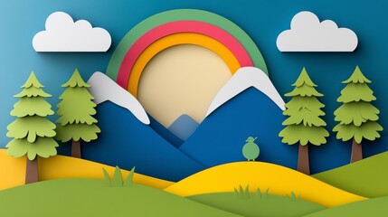Colorful Paper Landscape with Mountains, Trees, and Rainbow Scenery