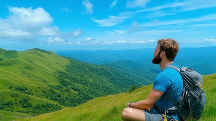 Naklejka premium Man Meditating on Green Mountain with Scenic Cloudy Sky View