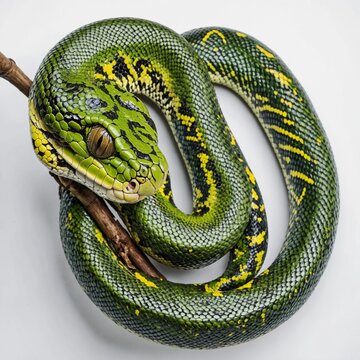 A vibrant green tree python gracefully curled around an invisible branch, with piercing eyes and a smooth, glossy texture, isolated on white.