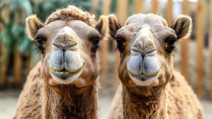 Obraz premium Two camels zoo enclosure portrait, smiling