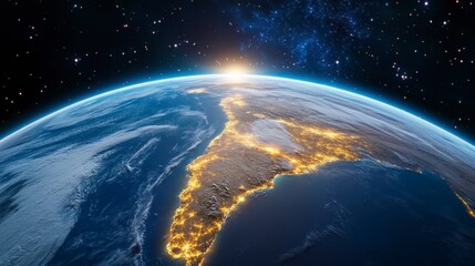 Obraz premium Stunning Aerial View of Earth at Sunrise with City Lights Below