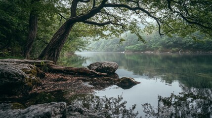 Serene Lakeside Scene with Trees and Reflection in Calm Water