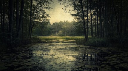 Obraz premium Serene Forest Pond Surrounded by Lush Trees and Reflections