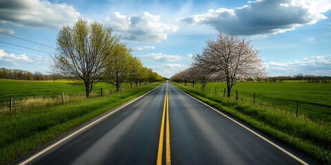Fototapeta premium A long, straight asphalt road stretches toward the horizon flanked by lush green fields and blooming spring trees.