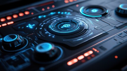 Futuristic Control Panel with Glowing Interface Elements and High-Tech Design Features for Sci-Fi and Digital Concepts