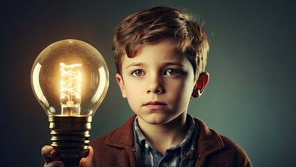 "Boy's Brainstorming Moment: Question Marks and Light Bulb Against a Dark Backdrop"