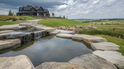 A dramatic water feature at the entrance of a grand home, framed by elegant landscaping. --chaos 20 --ar 16:9 --quality 2 --v 6.1 Job ID: fa1b1832-4880-43b5-a619-e6ff4184bede