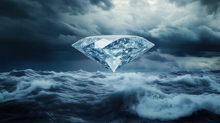 Obraz premium A Surreal Floating Diamond Platform Above a Stormy Sea for Futuristic and Fantasy Art