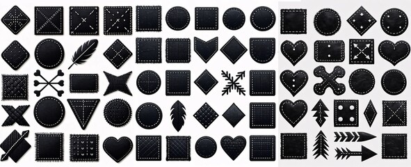 Set of black embroidered patch mockups, Collection of black leather patches, badges and design elements