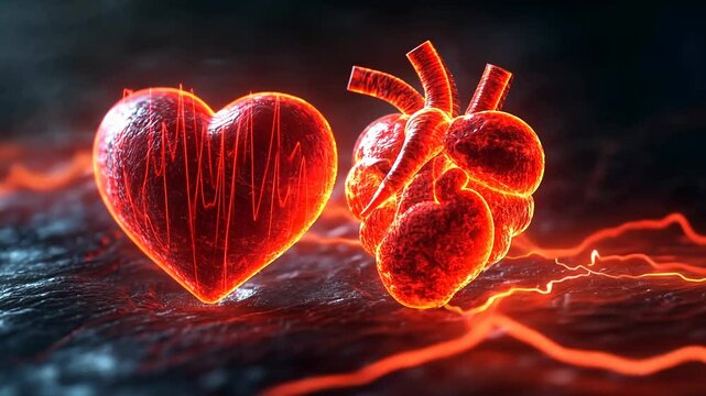 Two vibrant heart representations glow against a dark backdrop, symbolizing the impact of congestive heart failure.