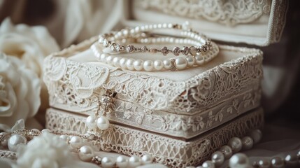 Obraz premium Elegant Pearl Jewelry in a Lace-Adorned Box