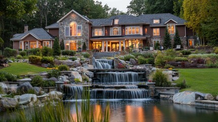 Obraz premium A luxurious front yard with a marble waterfall feature, reflecting pool, and lush green landscape. --chaos 20 --ar 16:9 --quality 2 --v 6.1 Job ID: d9748190-2b52-4624-873d-6031f9826dbd