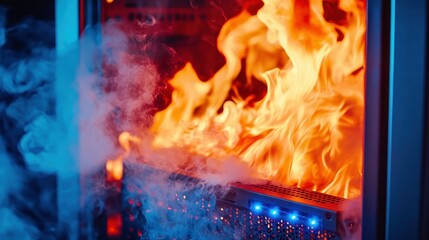 Fire engulfing a server with smoke and glowing lights