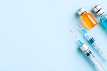 A blue background with a few different colored syringes and bottles