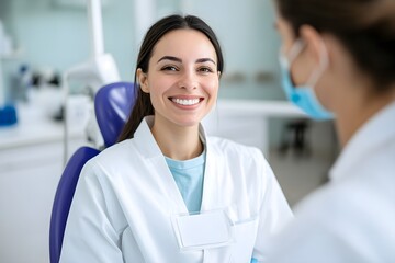Fototapeta premium A woman in a white lab coat is smiling at the camera