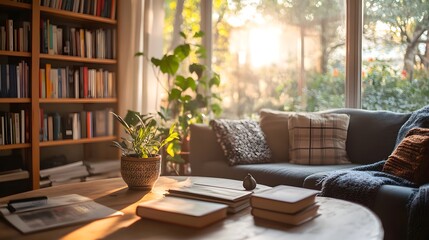 Fototapeta premium Homely reading corner, Tech-Free Lifestyle Moment in a Cozy Living Room with Natural Lighting and Books on the Table, hygge-inspired home concept.