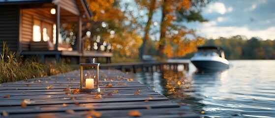 Serene evening by the lake with lantern cozy cabin retreat autumn vibes waterfront close-up tranquility