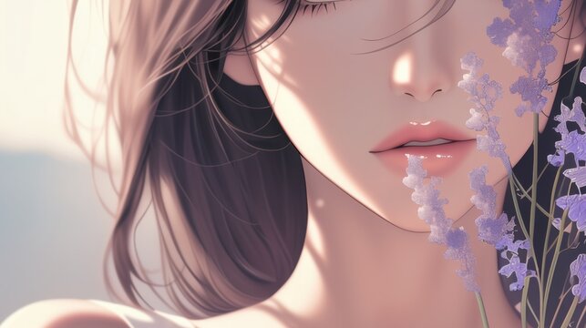 Close-up, anime girl, 2D, modern fashion, accessories, minimalist style, sleek, elegant, soft pastel tones, clean design, space for text, branding, marketing, digital content.