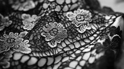 Obraz premium Elegant Detailed Black Lace Fabric with Floral Embroidery for Fashion and Textile Design Applications