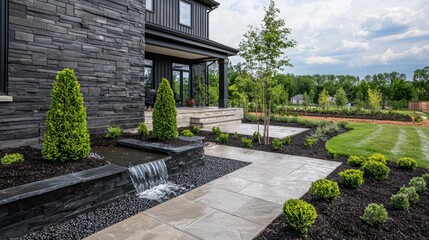 Fototapeta premium A modern urban house with a minimalist front yard waterfall and sculpted topiaries. --chaos 20 --ar 16:9 --quality 2 --v 6.1 Job ID: e671916a-c398-4ffe-a511-7cb3e8359c1c