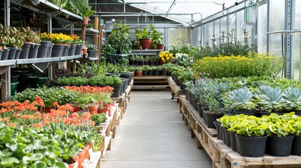 Fototapeta premium A neatly organized plant nursery with rows of potted flowers and succulents. --chaos 20 --ar 16:9 --quality 2 --v 6.1 Job ID: c1c7dedc-0cd9-4236-b011-3a67c05b5d29