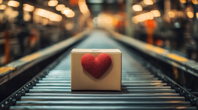 A cardboard box with a heart shape travels on a conveyor belt
