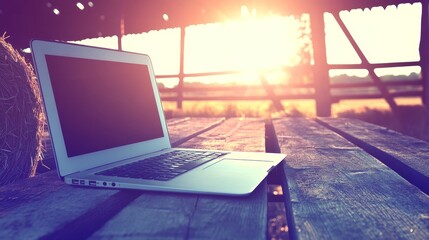 Laptop computer on wooden table in barn at sunrise