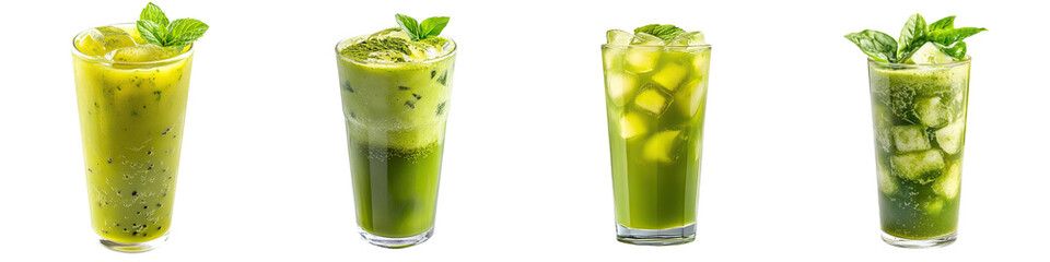 Matcha green tea beverage refreshing green drinks with mint in tall glasses on a transparent background.