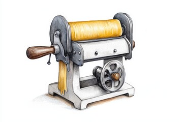 Fototapeta premium A vintage pasta machine with fresh yellow dough ready for preparation, showcasing the art of homemade pasta making.