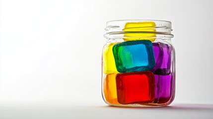 Colorful Gelatin Cubes in Clear Glass Jar with Soft Background