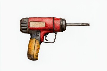 A vintage red drill with a worn handle, ideal for retro projects and industrial-themed designs. Perfect for tool enthusiasts.