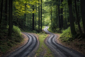 Diverging Paths: A Scenic Fork Road Through Lush Forest, Inviting Choices and Adventures