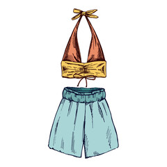 Hand drawn colored sketch of summer outfit set with halter top and wide-leg shorts in vintage style