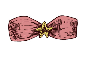 Hand drawn colored sketch of bandeau bikini top with starfish detail in vintage style