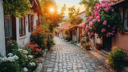 Naklejka premium Historic European City with Cobblestone Streets and Blooming Flowers
