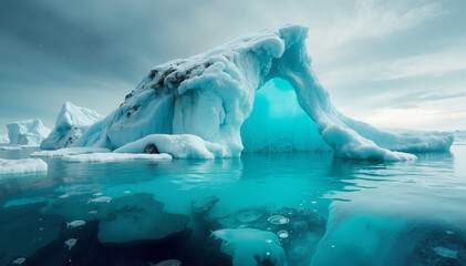Obraz premium Majestic ice arch emerging from turquoise waters in a tranquil polar landscape