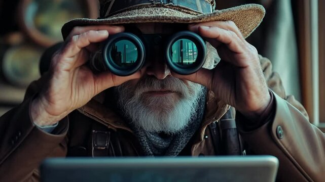 An experienced explorer scans the landscape with binoculars from a cozy cabin, immersed in nature's wonders. The warm interior contrasts with the thrill of discovery outside.