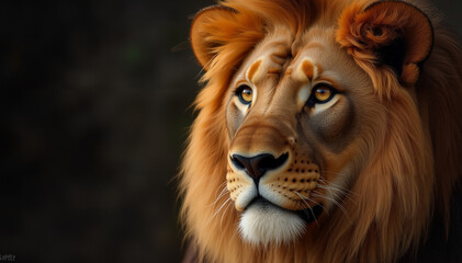 Fototapeta premium Close-up portrait of a lion with a majestic mane and intense gaze