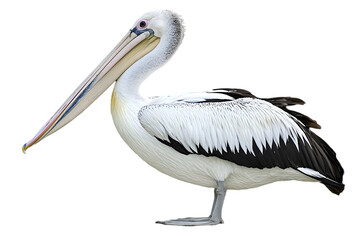 Australian Pelican with White Feathers Isolated on Transparent Background and Detailed Plumage Side View and Long Beak Close Up