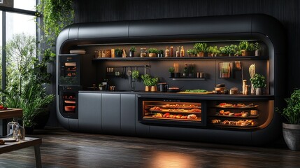 Obraz premium Futuristic Kitchen Design: Modern & Elegant Dark Kitchen with Integrated Appliances