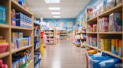 Toy store aisle, colorful shelves, games, education