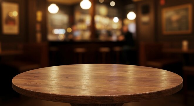 Blurred pub interior with warm lighting creates a cozy bar atmosphere behind a round wooden tabletop in the foreground